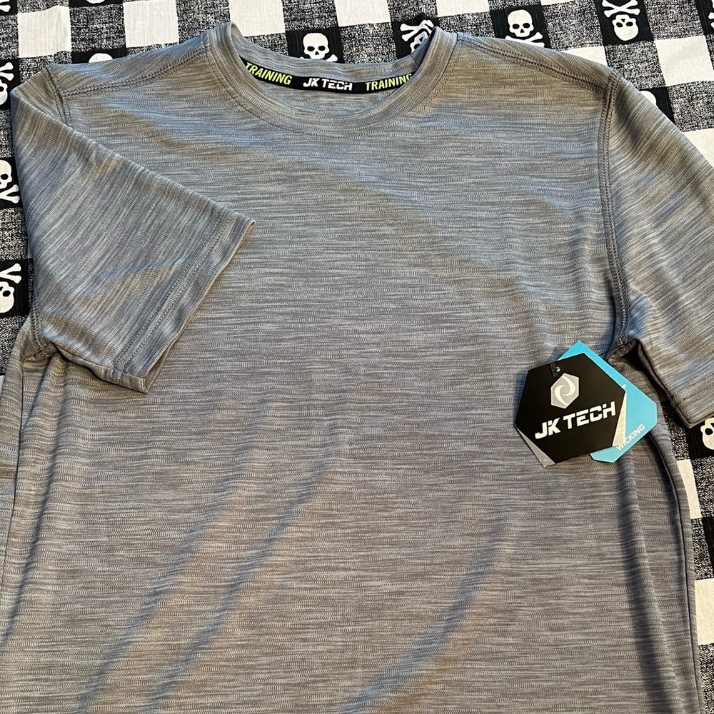 2 shirts - one gray and one blue/camo JK Tek wicking tshirts.